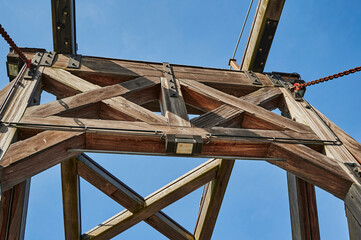 Detailed view of one of the oldest and still functional wooden bascule bridges in Greifswald, Germany.