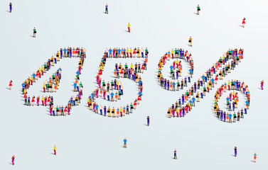 Number 45 Percent. Large group of people form to create a shape 45%. Special Offer Sale Design. Vector Illustration of advertising banner.