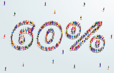 Number 60 Percent. Large group of people form to create a shape 60%. Special Offer Sale Design. Vector Illustration of advertising banner.