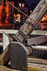 Detailed view of one of the oldest and still functional wooden bascule bridges in Greifswald, Germany.