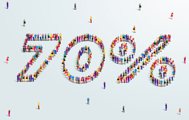 Number 70 Percent. Large group of people form to create a shape 70%. Special Offer Sale Design. Vector Illustration of advertising banner.