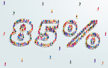 Number 85 Percent. Large group of people form to create a shape 85%. Special Offer Sale Design. Vector Illustration of advertising banner.