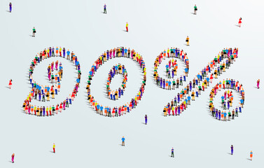 Number 90 Percent. Large group of people form to create a shape 90%. Special Offer Sale Design. Vector Illustration of advertising banner.
