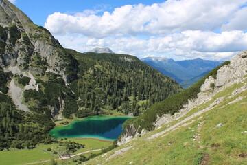 Turquoise shining Seebensee in the Austrian Alps close to Ehrwald in Tyrol 