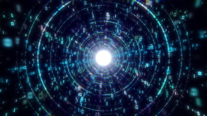 Abstract tunnel. Digital background, 3D rendering. Binary code particle network. Motion and communication technology background. Seamless loop animation.