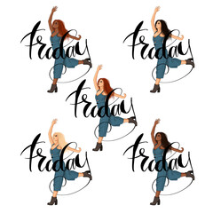 Friday Set Girls Isolated On A White Background Hand Drawn Illustration	