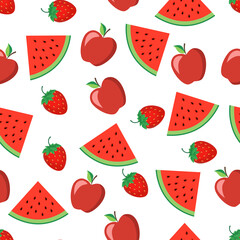 Seamless pattern with delicious and sweet apple, watermelon and strawberry. This is a fruity design for your business projects. Ideal for fabrics and decor. Beautiful vector background