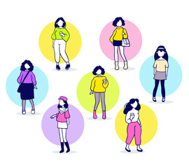 Vector illustration of many girl with black hair and different accessory on color background