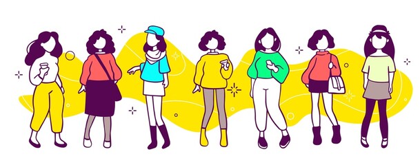Vector illustration of group of people. Many girl with black hair and different accessory on yellow background.