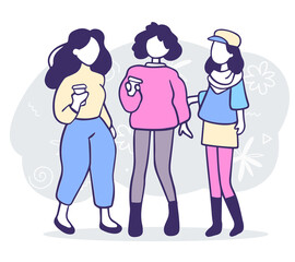 Vector illustration of three fashion girl friend with cup of coffee talking each other.