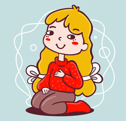 Vector illustration of a beautiful girl with long blonde hair sitting on her leg and smile on color background.