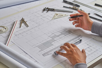 Architect engineer contractor design working drawing sketch plan blueprint and making architectural...