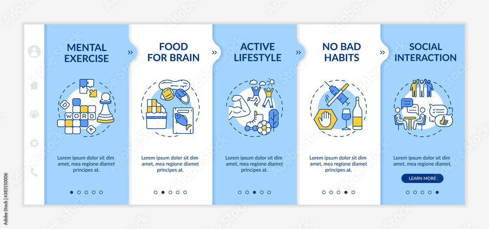 Poster brain health onboarding vector template. mental exercise. active lifestyle. food for brain. responsi
