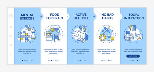 Brain health onboarding vector template. Mental exercise. Active lifestyle. Food for brain. Responsive mobile website with icons. Webpage walkthrough step screens. RGB color concept