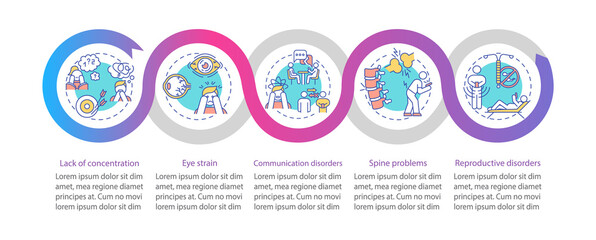 Gadget addiction health problems vector infographic template. Eyestrain, backache presentation design elements. Data visualization 5 steps. Process timeline chart. Workflow layout with linear icons