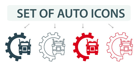 Set of vector illustrations of the logo, truck icon in red and black colors. Web icons.