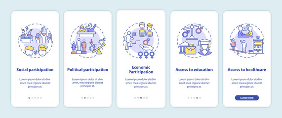 Gender gap criteria onboarding mobile app page screen with concepts. Social participation. Access to education walkthrough 5 steps graphic instructions. UI vector template with RGB color illustrations