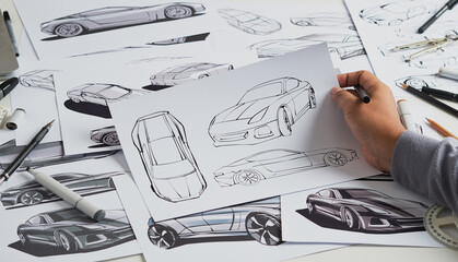 Designer engineer automotive design drawing sketch development Prototype concept car industrial...