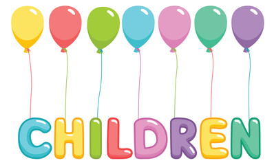 text Children with balloon. Inscription from color letters. Vector illustration isolated on the white background.
