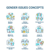 Gender issues concept icons set. Changing gender roles. Gender gap criteria. Sex issues types idea thin line RGB color illustrations. Vector isolated outline drawings. Editable stroke