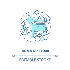 Frozen lake tour concept icon. Winter vacation destination idea thin line illustration. Beautiful winter sceneries. Pristine forests. Vector isolated outline RGB color drawing. Editable stroke