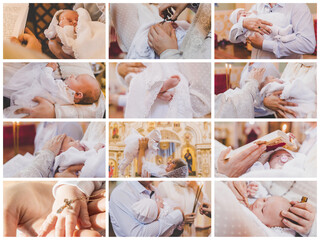 Collage of the sacrament of the baptism of a baby. Selective focus.