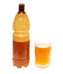 Plastic bottle with beer and mug isolated on white background.