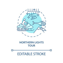 Northern lights tour concept icon. Winter outdoor activity idea thin line illustration. Fantastic colours and vibrant hues. Snowmobiling. Vector isolated outline RGB color drawing. Editable stroke