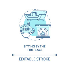 Sitting by fireplace concept icon. Hygge lifestyle idea thin line illustration. Heartwarming atmosphere. Warmth and cosiness feelings. Vector isolated outline RGB color drawing. Editable stroke