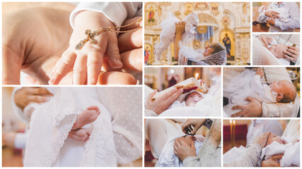 Collage of the sacrament of the baptism of a baby. Selective focus.