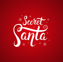 Fototapeta na wymiar Secret Santa creative lettering on red background. Handwritten calligraphy for traditional anonymous gift exchange on Christmas. - Vector