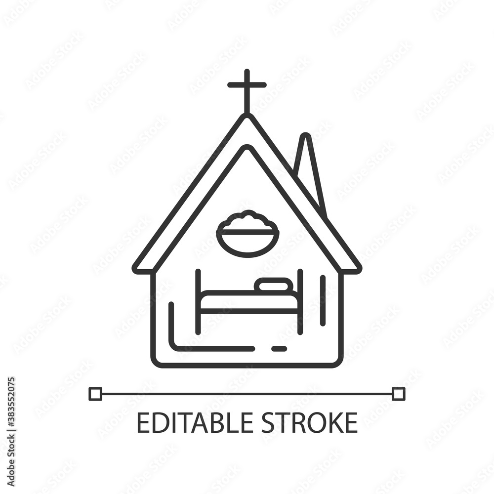 Wall mural Religious shelter linear icon. Night time shelter opportunity. Church. Homeless prevention. Thin line customizable illustration. Contour symbol. Vector isolated outline drawing. Editable stroke