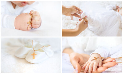 Collage of the sacrament of the baptism of a baby. Selective focus. - obrazy, fototapety, plakaty