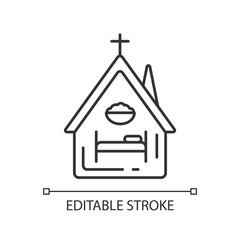 Religious shelter linear icon. Night time shelter opportunity. Church. Homeless prevention. Thin line customizable illustration. Contour symbol. Vector isolated outline drawing. Editable stroke