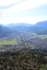 Fototapeta na wymiar Aerial image of the city of Garmisch-Partenkirchen taken on Kramer Mountain in COVID-19 summer 2020