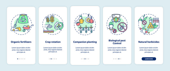 Organic farming principles onboarding mobile app page screen with concepts. Crops rotation walkthrough 5 steps graphic instructions. UI vector template with RGB color illustrations