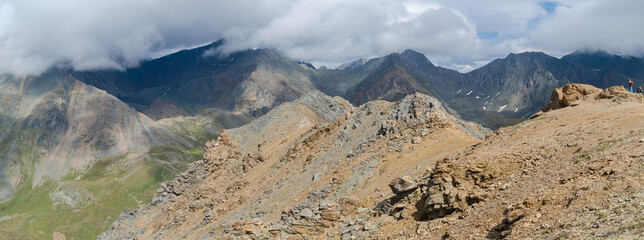 Panorama of Kuray mountain range and North Chuya ridge at the dawn.
