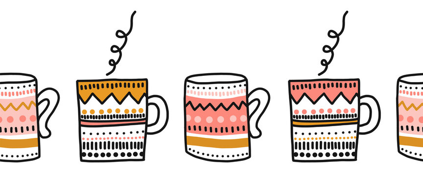 Mups seamless vector border. Repeating cup pattern. Hand drawn illustration horizontal border with colorful tea, coffee or hot chocolate mugs.