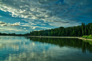 Dramatic sunset over the city lake