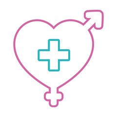 sexual health concept, female and male gender symbon in heart shape with medical cross icon, line style