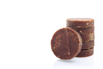 Palm sugar, coconut sugar on white background