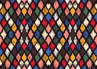 Ikat geometric folklore ornament with diamonds. Tribal ethnic vector texture. Seamless striped pattern in Aztec style. Folk embroidery. Indian, Scandinavian, Gypsy, Mexican, African rug.