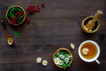 Top view of herbal tea in cup with herbs in bowls, top view