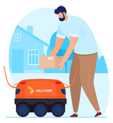 Delivery service. The robot courier delivers the message to the man. Vector illustration