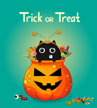 Halloween background. Black cat with candy in trear bowl on blue background.Trick or treat illustration. Halloween sweets, candies, treats, Jack o lantern bowl. Happy Halloween cute cat greeting card 