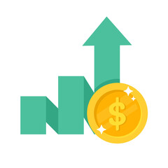 Vector upward green arrow Business growth bar graph There was a dollar coin placed on the side.