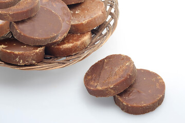 Palm sugar, coconut sugar on white background