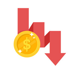 Downward vector red arrow Business loss result bar chart There was a dollar coin placed on the side.