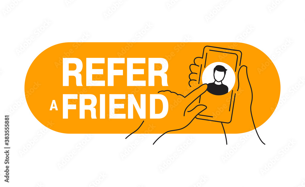 Poster refer a friend banner or button - referral program social marketing element -phone in hands touching
