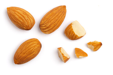 Almonds top view isolated on white background